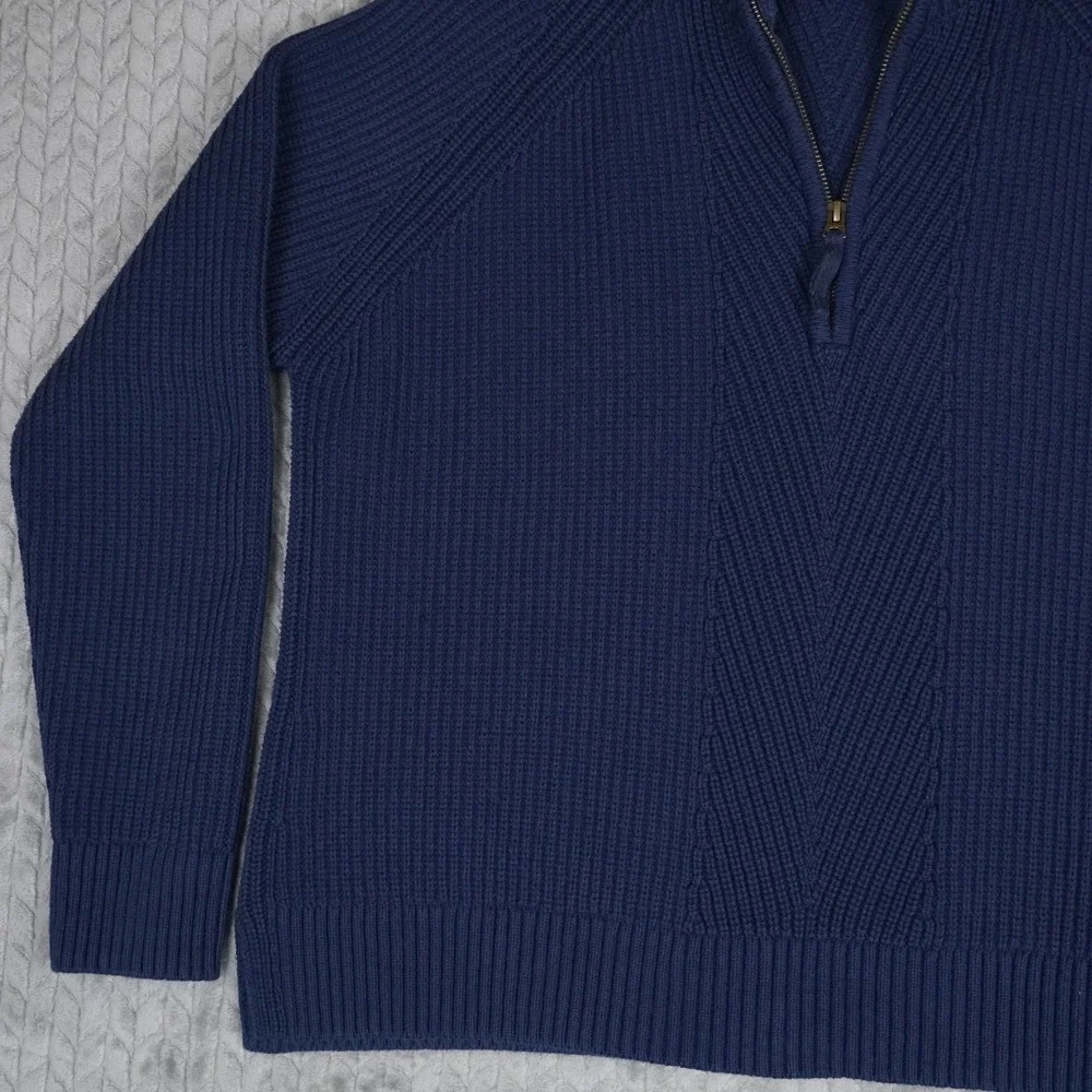 L.L.Bean Quarter Zip Sweater Mens 1X Blue Shaker Knit Chevron Cotton Blend
